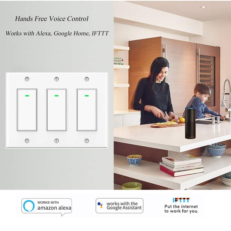 Lesim Smart 3 Gang WiFi Light Switch, 2.4GHz, Compatible with Alexa, Google Home, White, Push Button, Automatically/Smart Switch Operation - Image 2